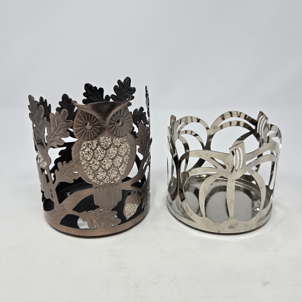 BATH & BODY WORKS CANDLE HOLDER SET OF 2 SILVER PUMPKIN BRONZE OWL LEAF RETIRED